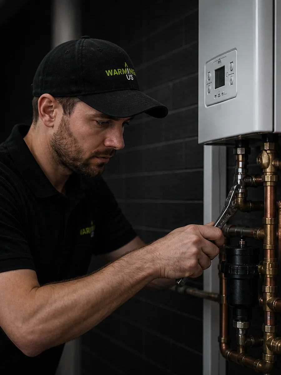 Warming Us engineer working on plumbing and heating pipework in a South Wales home