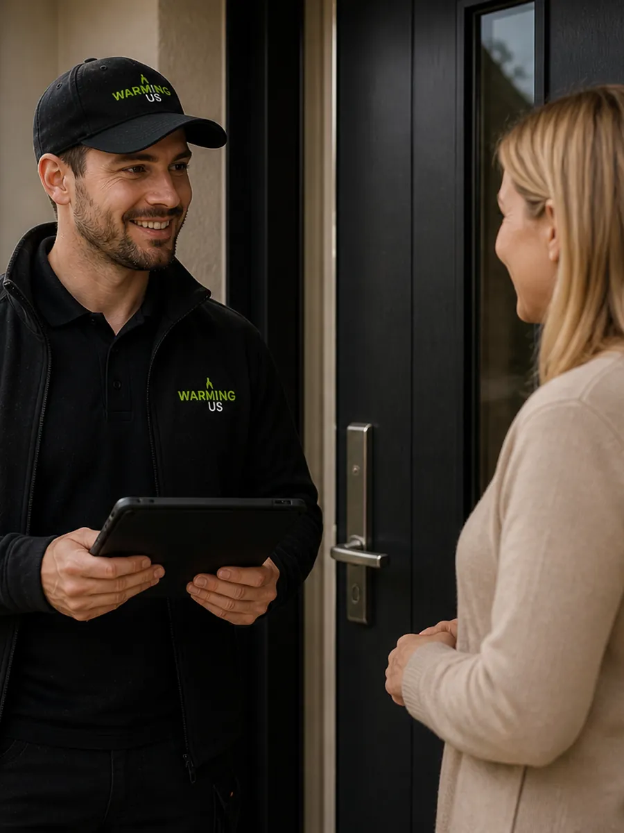 Warming Us engineer greeting a customer at the door before a service visit