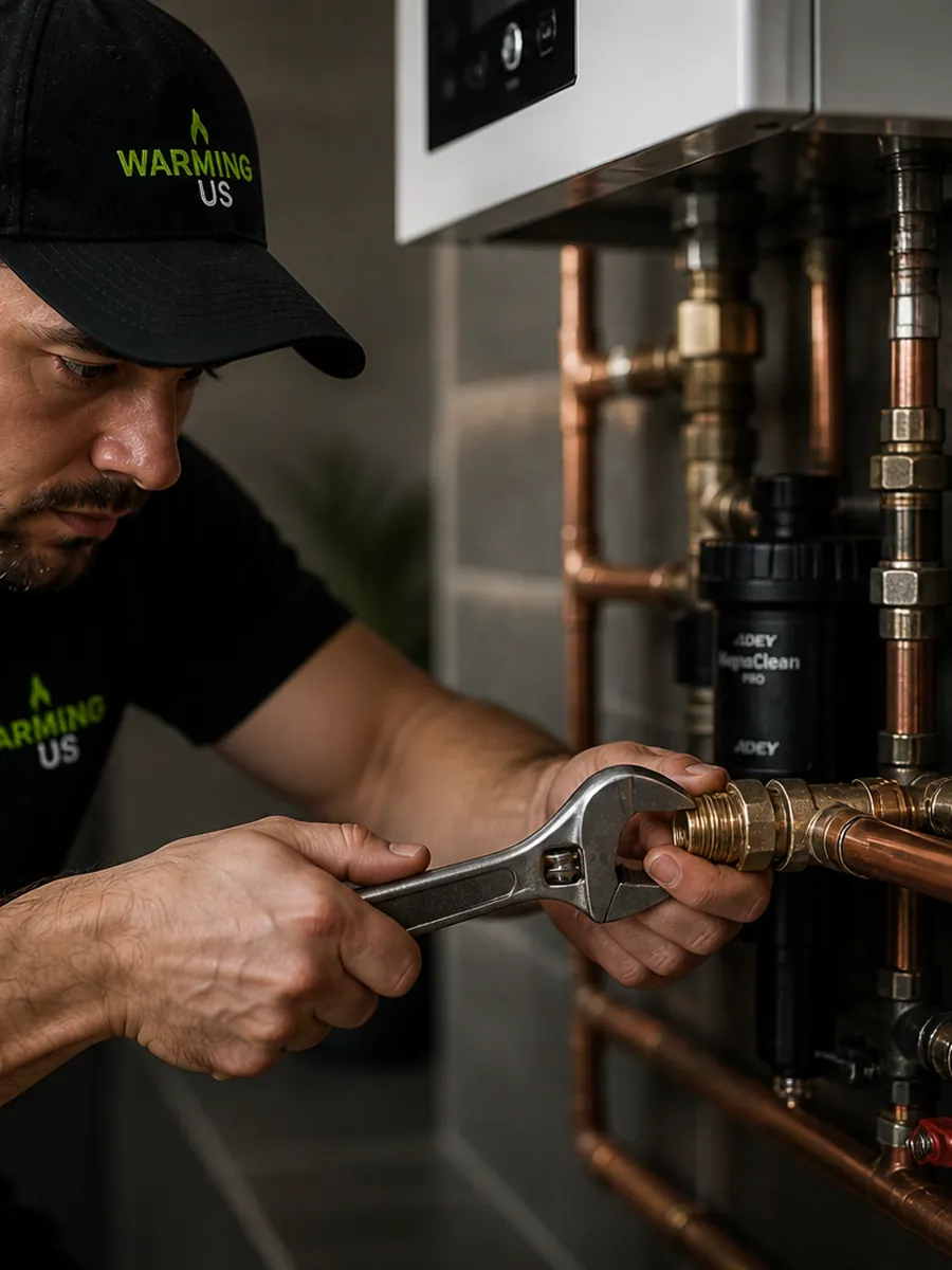 Close-up precision plumbing work by a Warming Us engineer