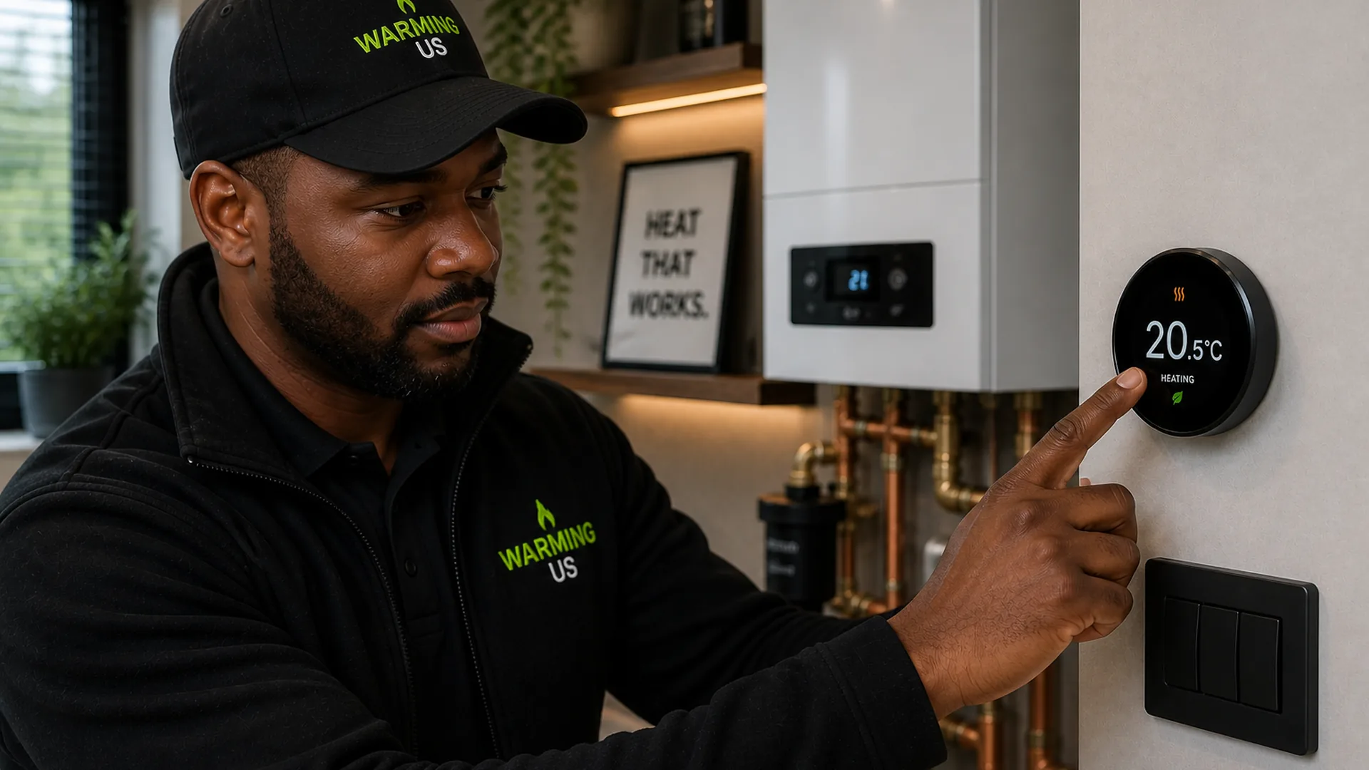Warming Us engineer checking a thermostat after restoring heating
