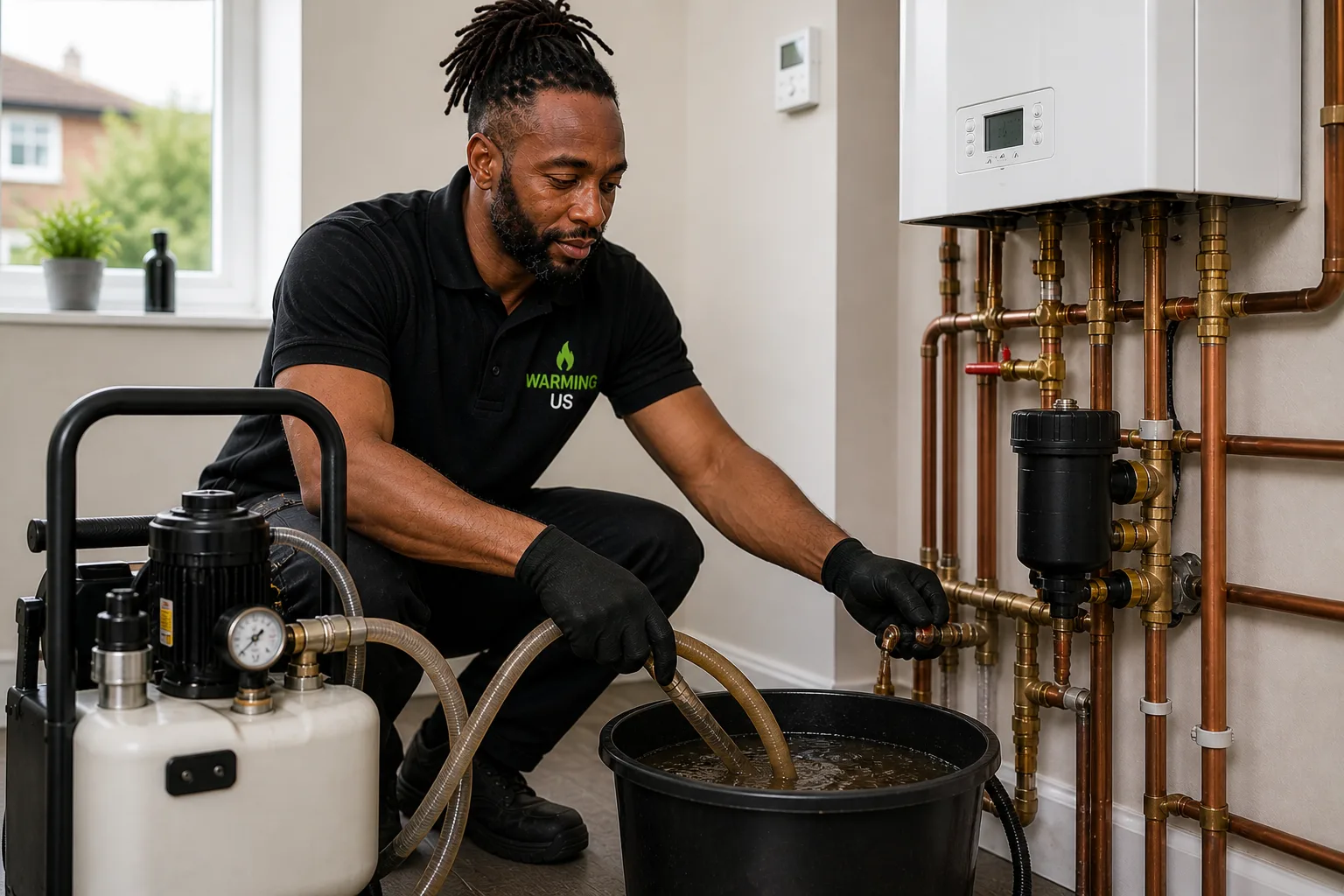 Warming Us engineer carrying out a heating system power flush